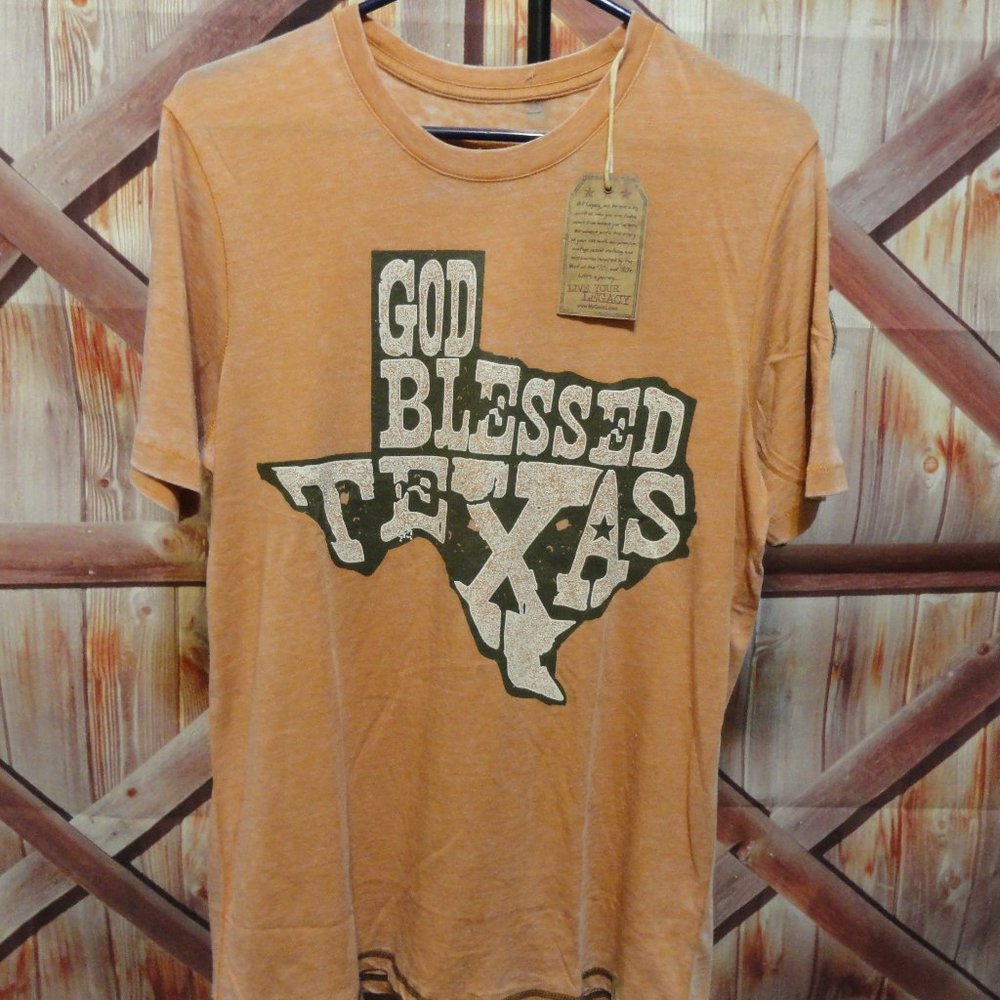 God Bless TEXAS NWT graphic T~Patch star on sleeve~State of Texas